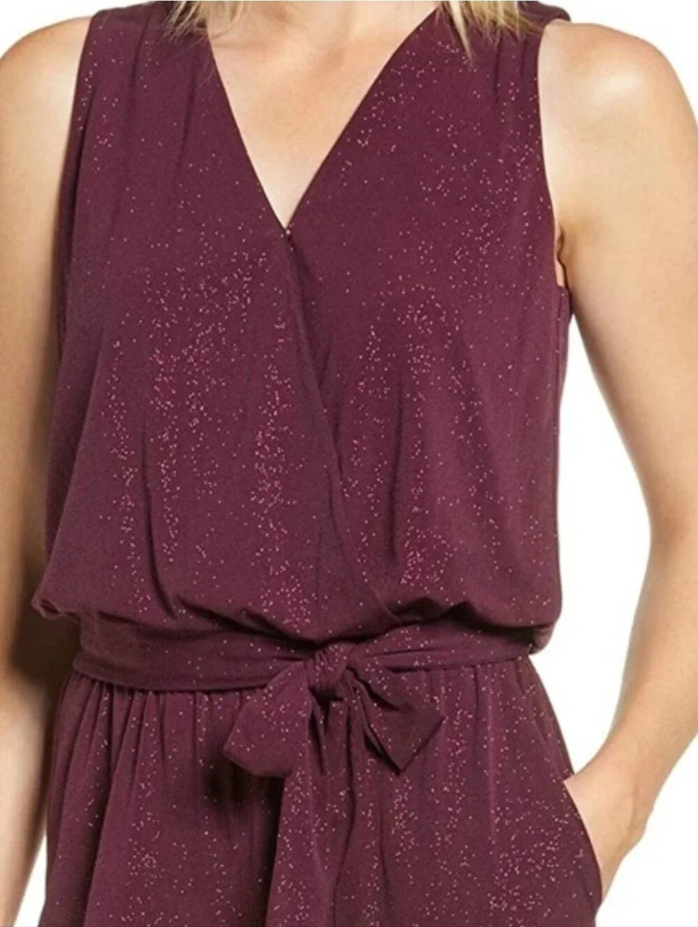 Michael Kors Glitter Sparkle Faux Wrap Belted Cropped Jumpsuit Small Mulberry